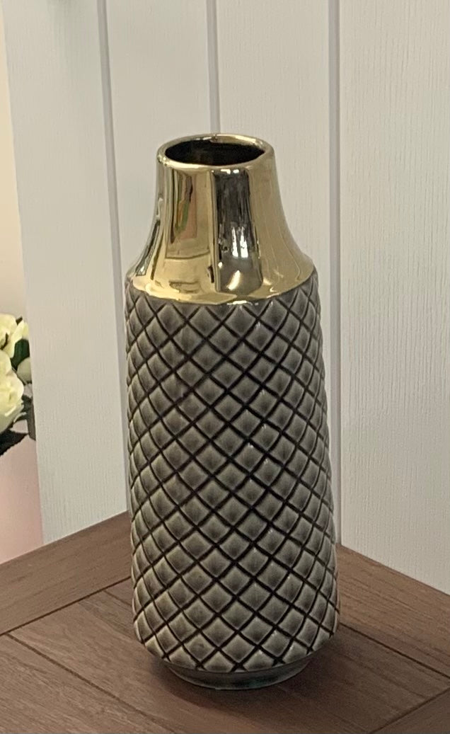 Light grey etched vase with gold collar