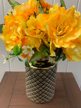 Load image into Gallery viewer, Light grey etched vase with gold collar
